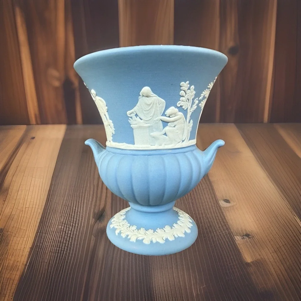 Set Of 3 Wedgwood Jasperware Mini Vase 2 Mini Trays Vintage Blue